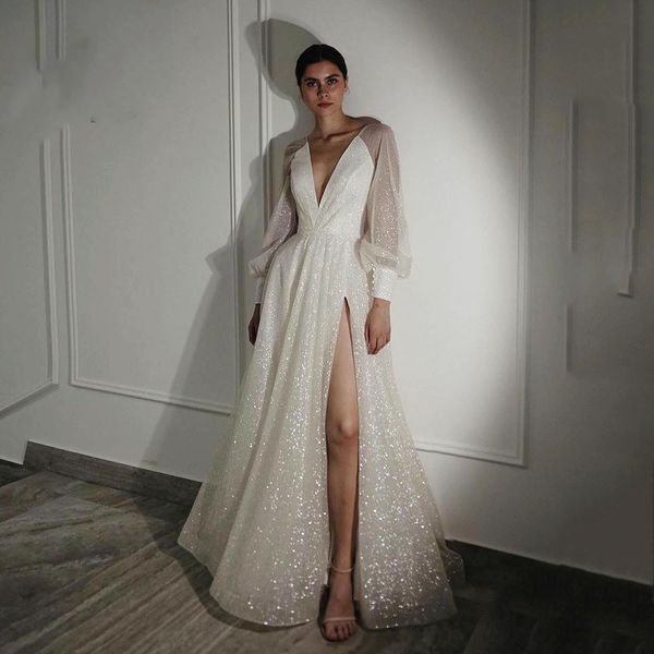 shiny a line wedding dresses v neck puff sleeves bridal gowns glitter side split bride dress vestidos de novia, White
shiny a line wedding dresses v neck puff sleeves bridal gowns glitter side split bride dress vestidos de novia, White