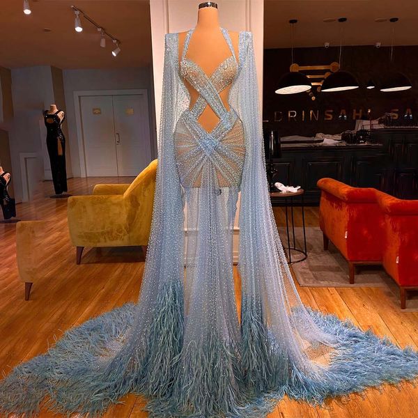 elegant light blue mermaid prom dresses see through feather sequins formal evening occasion gowns for women plus size, Black
elegant light blue mermaid prom dresses see through feather sequins formal evening occasion gowns for women plus size, Black