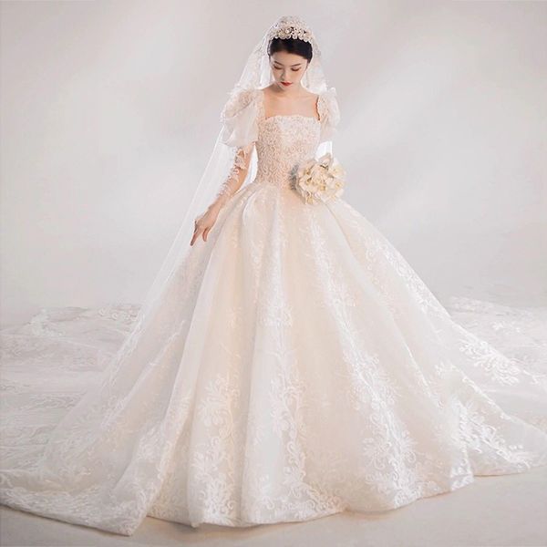 french long-sleeved wedding dress new bride heavy industry beaded high-end simple wedding dress, White
french long-sleeved wedding dress new bride heavy industry beaded high-end simple wedding dress, White