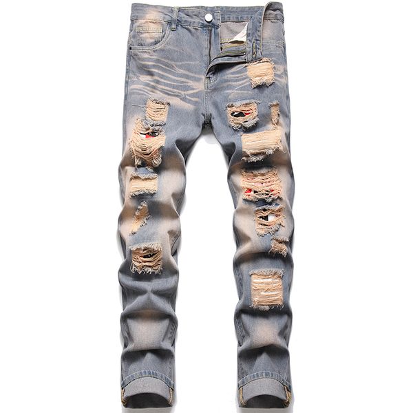 retro blue men's jeans spring summer cotton denim ripped straight pants multiple holes slim fit distressed daily trousers pantalones668
retro blue men's jeans spring summer cotton denim ripped straight pants multiple holes slim fit distressed daily trousers pantalones668