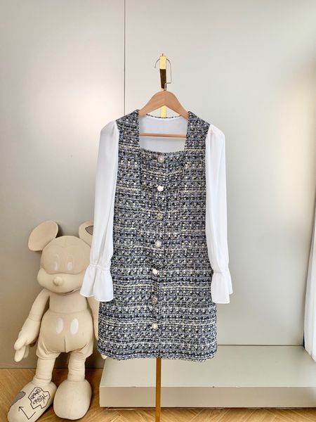 layered romantic ambience plaid tweed fake two-piece dress, Black;gray