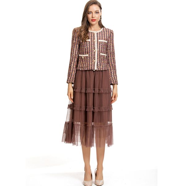 women's runway two piece dress turn down collar long sleeves blouse with tiered ruffles skirts fashion twinsets, White
women's runway two piece dress turn down collar long sleeves blouse with tiered ruffles skirts fashion twinsets, White