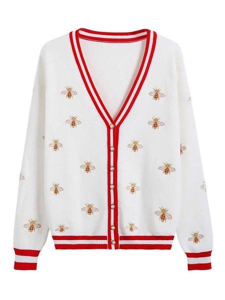 fashion designer bee embroidery cardigan long sleeve single breasted contrast color button knitted sweaters c-068, White
fashion designer bee embroidery cardigan long sleeve single breasted contrast color button knitted sweaters c-068, White