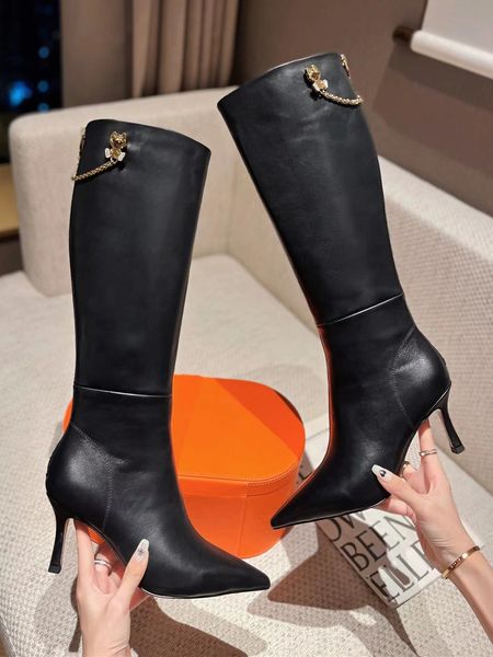high-heeled pointed high-heeled boots fashion leather boots upper pigskin lining or velvet lining back zipper chain classic high-end women&#, Black
high-heeled pointed high-heeled boots fashion leather boots upper pigskin lining or velvet lining back zipper chain classic high-end women&#, Black