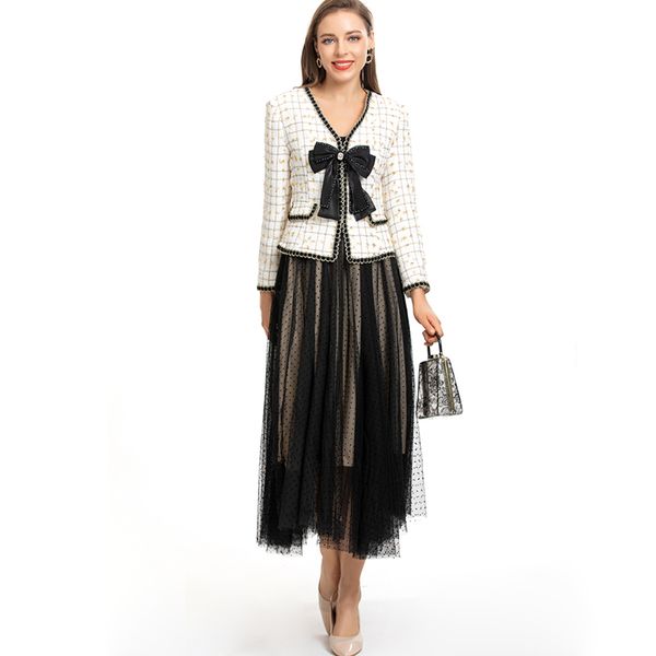 women's runway two piece dress o neck long sleeves blouse with layered tulle skirts fashion twinsets, White
women's runway two piece dress o neck long sleeves blouse with layered tulle skirts fashion twinsets, White