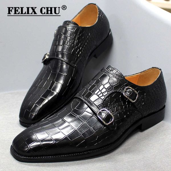 dress shoes size mens shoes cow leather crocodile print monk, Black