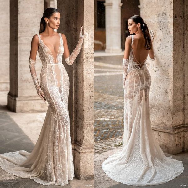 lace mermaid wedding dresses deep v neck beach bridal gown boho country berta backless vestido de novia, White
lace mermaid wedding dresses deep v neck beach bridal gown boho country berta backless vestido de novia, White