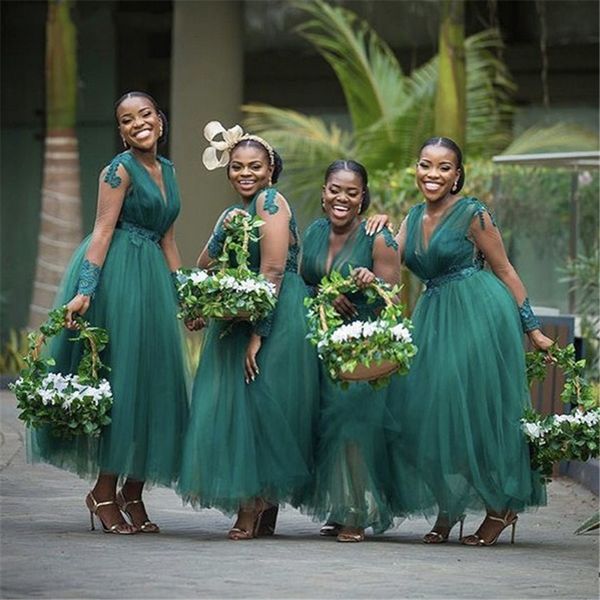 african bridesmaid dresses green v-neck long sleeves lace applique crystal tulle ankle length wedding party bridesmaid dresses, White;pink
african bridesmaid dresses green v-neck long sleeves lace applique crystal tulle ankle length wedding party bridesmaid dresses, White;pink