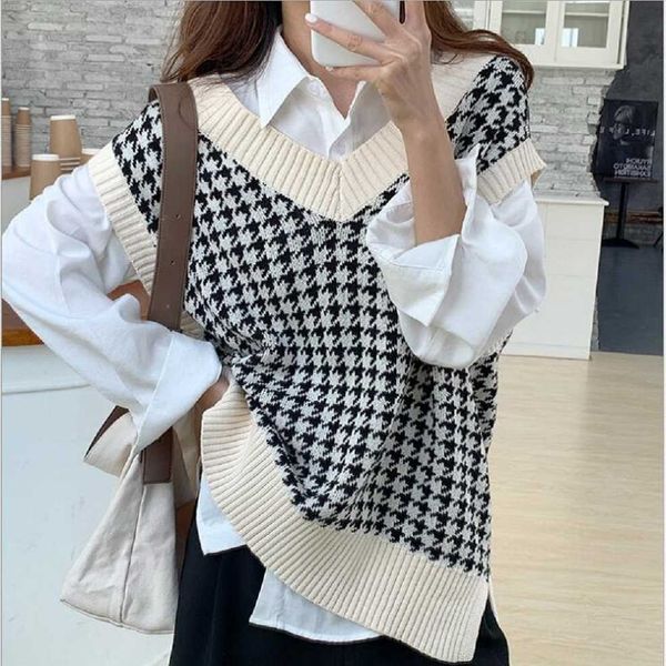 women's sweaters ladies oversized houndstooth knitted vest pullover sleeveless side vents female waistcoat chic 230118, White;black
women's sweaters ladies oversized houndstooth knitted vest pullover sleeveless side vents female waistcoat chic 230118, White;black
