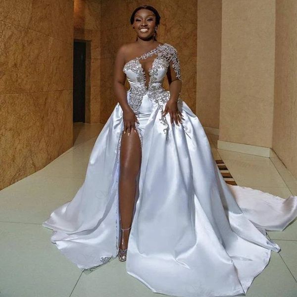 luxury one shoulder satin a line wedding dresses with detachable train beading lace side high slit vestidos de novia african long sleeve bri, White
luxury one shoulder satin a line wedding dresses with detachable train beading lace side high slit vestidos de novia african long sleeve bri, White