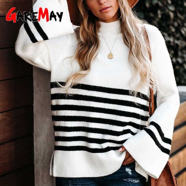 women's sweaters autumn winter flare sleeve loose knitted 2023 fashion striped turtleneck sweater women elegant jumpers casual pullover, White;black
women's sweaters autumn winter flare sleeve loose knitted 2023 fashion striped turtleneck sweater women elegant jumpers casual pullover, White;black