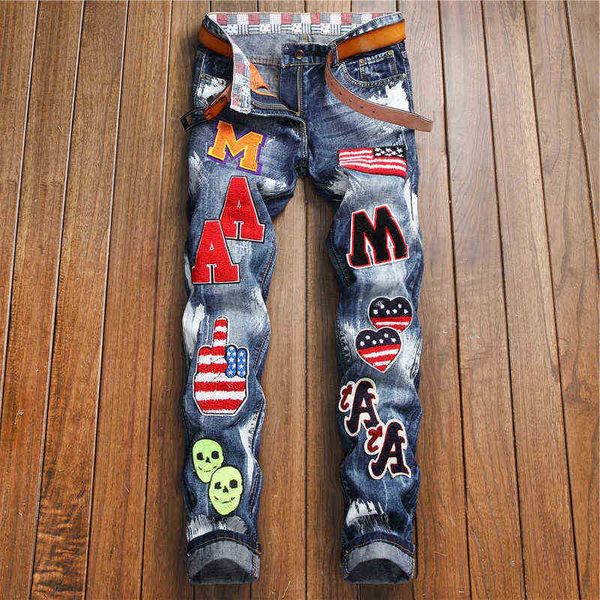 men's jeans wind jeans men's pierced autumn style personalized badge catwalk pattern straight tube slim fit trend beggar pants, Blue
men's jeans wind jeans men's pierced autumn style personalized badge catwalk pattern straight tube slim fit trend beggar pants, Blue