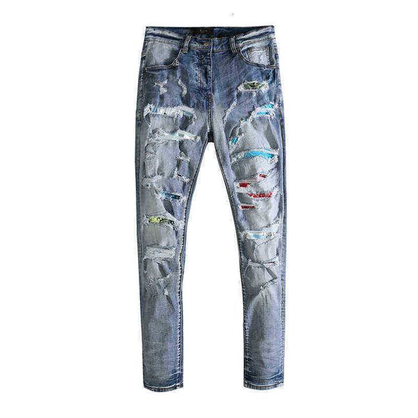 men's jeans high street color patch old hole rainbow destroys jeans fashion brand, Blue
men's jeans high street color patch old hole rainbow destroys jeans fashion brand, Blue