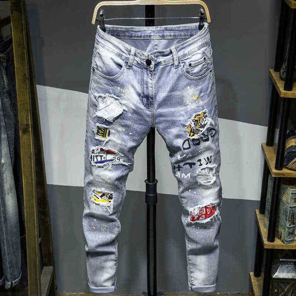 men's jeans trousers quality featured men's jeans stretch spray perforated pants, Blue
men's jeans trousers quality featured men's jeans stretch spray perforated pants, Blue