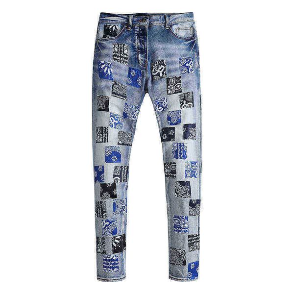 men's jeans high street hole old chessboard color contrast washing elastic locomotive slim fit men, Blue
men's jeans high street hole old chessboard color contrast washing elastic locomotive slim fit men, Blue
