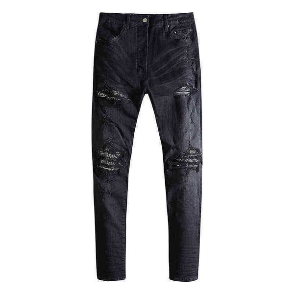 men's jeans wash water black hole used cashew blossom elastic slim fit and women's high street fashion brand, Blue
men's jeans wash water black hole used cashew blossom elastic slim fit and women's high street fashion brand, Blue