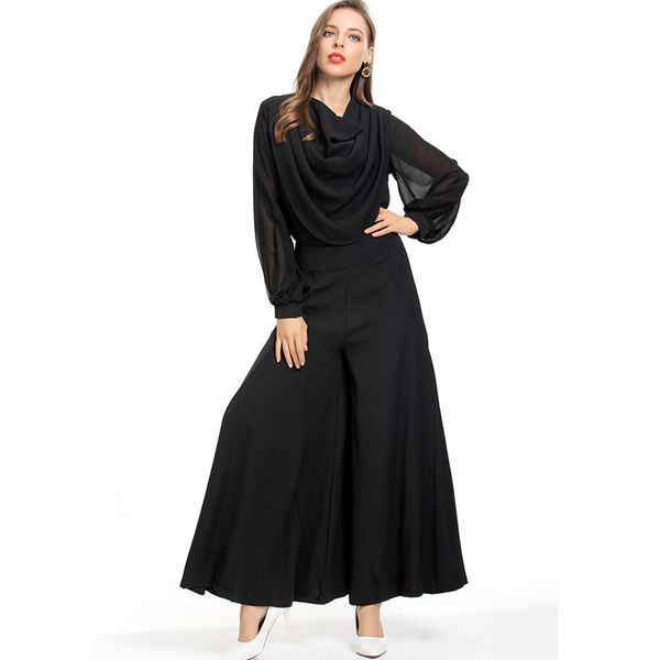 women's runway two piece pants long sleeves draped blouse with loose pant fashion twinset sets, White
women's runway two piece pants long sleeves draped blouse with loose pant fashion twinset sets, White