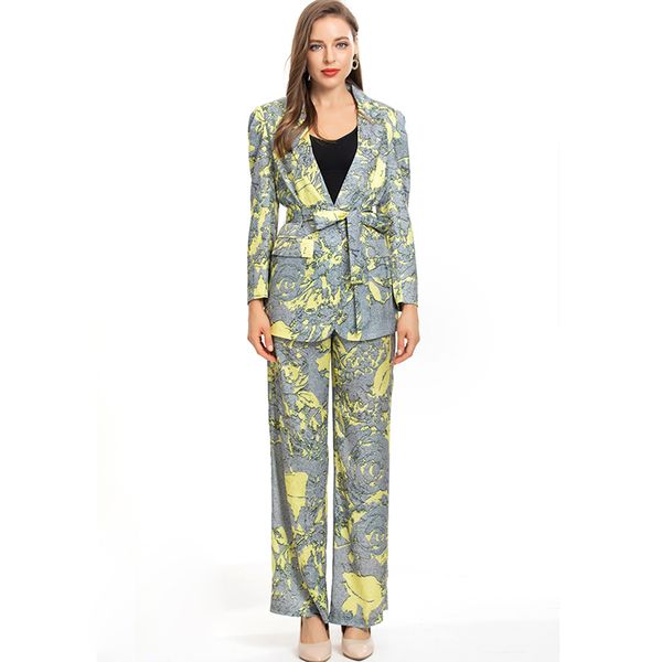 women's runway two piece pants long sleeves lace up blazers with printed pant fashion twinset sets, White
women's runway two piece pants long sleeves lace up blazers with printed pant fashion twinset sets, White