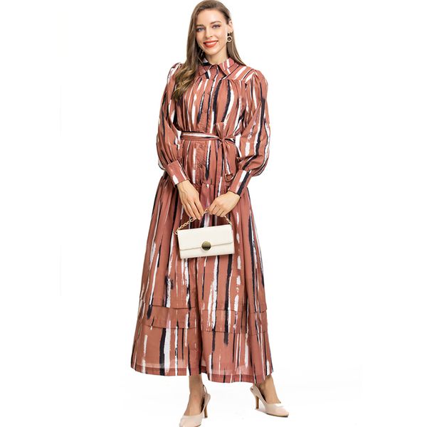 women's runway dresses turn down collar long sleeves printed striped elegant fashion vestidos with sash belt, Black
women's runway dresses turn down collar long sleeves printed striped elegant fashion vestidos with sash belt, Black