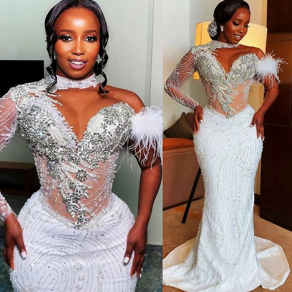2023 designer mermaid wedding dresses bridal gown crystals beaded one shoulder long sleeves feather satin ruffles custom made vestidos de no, White
2023 designer mermaid wedding dresses bridal gown crystals beaded one shoulder long sleeves feather satin ruffles custom made vestidos de no, White