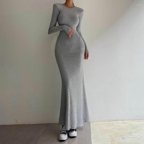 

Casual Dresses Sweater Dress O-neck Long Sleeves Hip Wrap Fishtail Hem Knitting Fall Winter Women Elegant Solid Bodycon Maxi, Grey