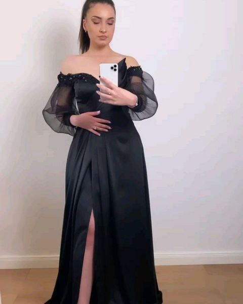 off-shoulder robe de soiree evening dresses elegant custom made mermaid satin formal party puff sleeve high slit prom gowns, Black;red
off-shoulder robe de soiree evening dresses elegant custom made mermaid satin formal party puff sleeve high slit prom gowns, Black;red