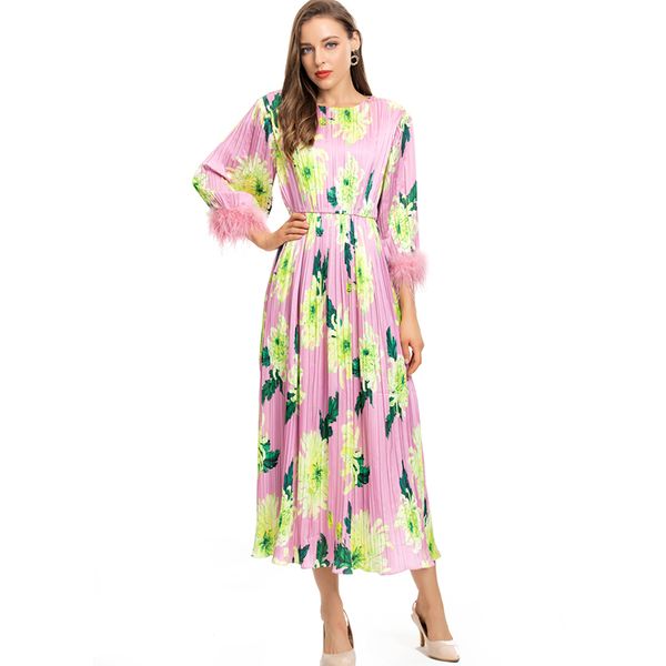 women's runway dresses o neck 3/4 sleeves printed pleated feather piping elegant fashion designer vestidos, Black
women's runway dresses o neck 3/4 sleeves printed pleated feather piping elegant fashion designer vestidos, Black