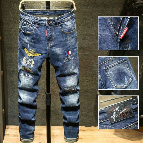 new jeans chino pants pant men's trousers stretch close-fitting slacks washed straight skinny embroidery patchwork ripped mens trend br, Blue
new jeans chino pants pant men's trousers stretch close-fitting slacks washed straight skinny embroidery patchwork ripped mens trend br, Blue