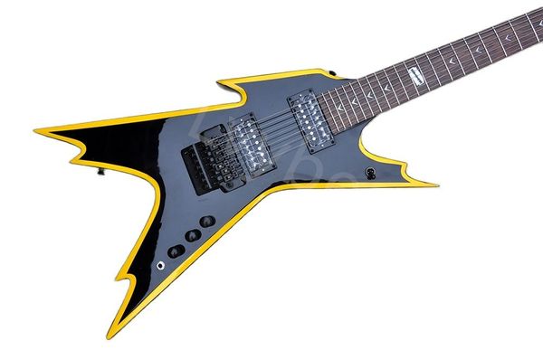 lvyunusual shape black body electric guitar with yellow binding black hardware provide customized services
lvyunusual shape black body electric guitar with yellow binding black hardware provide customized services