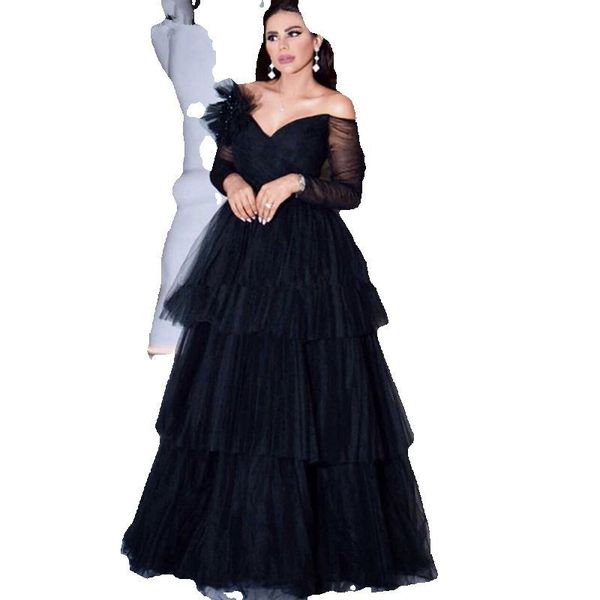 black arabic off shoulder evening dresses 2023 a-line elegant long sleeves tulle tiered party prom gowns floor length dubai, Black;red
black arabic off shoulder evening dresses 2023 a-line elegant long sleeves tulle tiered party prom gowns floor length dubai, Black;red