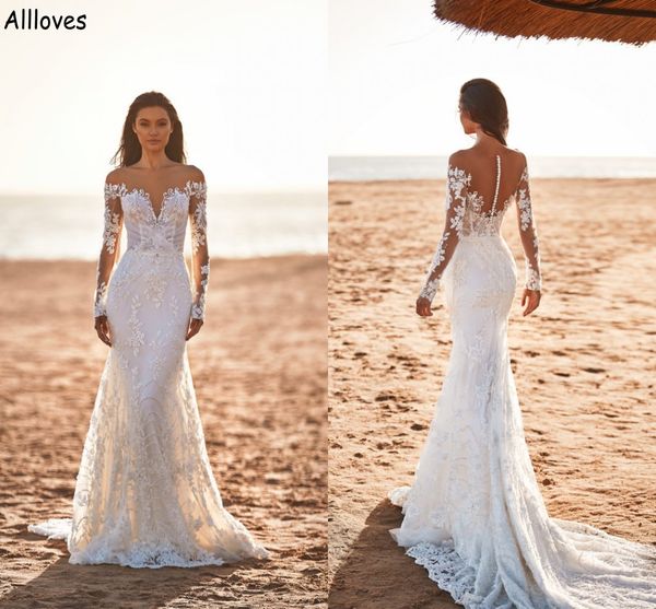 trumpet mermaid wedding dresses with long sleeves appliqued lace beach sheer neck bridal gowns see through back buttons summer slim flare ro, White
trumpet mermaid wedding dresses with long sleeves appliqued lace beach sheer neck bridal gowns see through back buttons summer slim flare ro, White