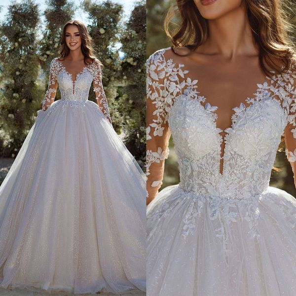 glamorous ball gown wedding dresses v-neck long lace sleeves layered tulle floor length custom made plus side vestidos de novia, White
glamorous ball gown wedding dresses v-neck long lace sleeves layered tulle floor length custom made plus side vestidos de novia, White