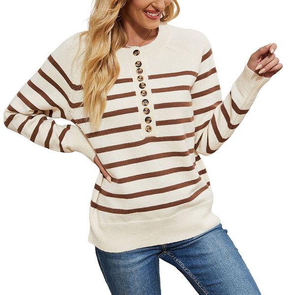 crewneck button single breasted pullover women's sweaters loose striped casual knitted blouse with regular long sleeves lady rib stich, White;black
crewneck button single breasted pullover women's sweaters loose striped casual knitted blouse with regular long sleeves lady rib stich, White;black