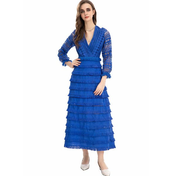women's runway dresses v neck long sleeves embroidery lace tiered ruffles elegant fashion designer party prom gown, Black
women's runway dresses v neck long sleeves embroidery lace tiered ruffles elegant fashion designer party prom gown, Black