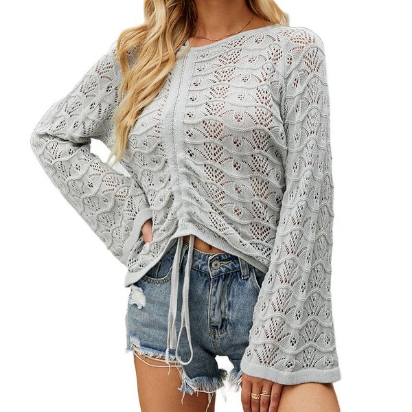 round neck thin wool knitted women's sweaters solid color loose elegant casual pullover blouse with hollow out holes long flare sleeve, White;black
round neck thin wool knitted women's sweaters solid color loose elegant casual pullover blouse with hollow out holes long flare sleeve, White;black