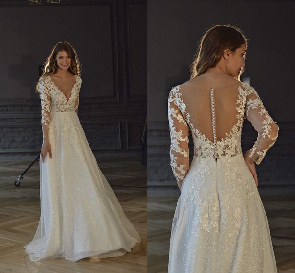v neck long sleeves a line wedding dresses shiny sequined appliqued lace boho country bridal gowns illusion back buttons plus size robes de, White
v neck long sleeves a line wedding dresses shiny sequined appliqued lace boho country bridal gowns illusion back buttons plus size robes de, White