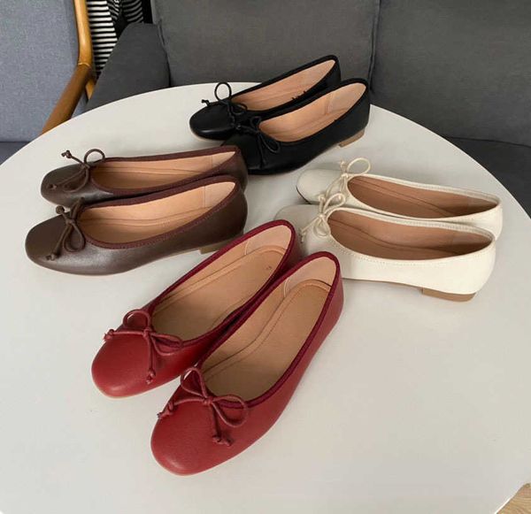 spring new korean version opel bow ballet leather single shoes women's layer cow leather small red shoes, Black