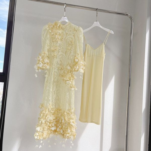 long sleeve dress runway style 3d yellow flower, Black;gray
