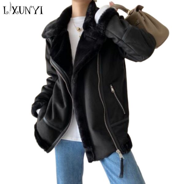 women's leather faux leather lxunyi shearling coat women thick warm long sleeve loose motorcycle jacket plush korean winter ladies sued, Black
women's leather faux leather lxunyi shearling coat women thick warm long sleeve loose motorcycle jacket plush korean winter ladies sued, Black