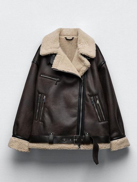 women's leather faux leather ailegogo autumn winter women faux lamb fur thick warm jacket with belt streetwear female zipper loose moto, Black
women's leather faux leather ailegogo autumn winter women faux lamb fur thick warm jacket with belt streetwear female zipper loose moto, Black