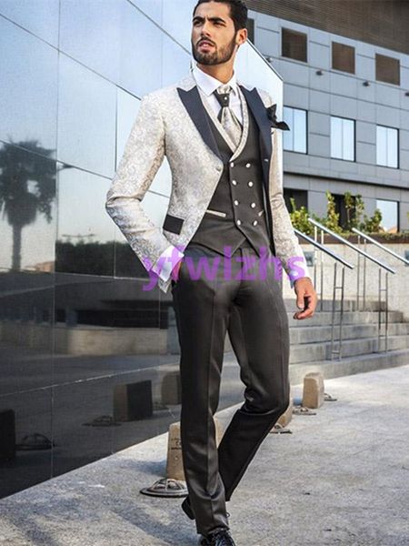 customize tuxedo jacquard handsome peak lapel groom tuxedos men suits wedding/prom/dinner man blazer jacket pants tie vest w1234, Black;gray