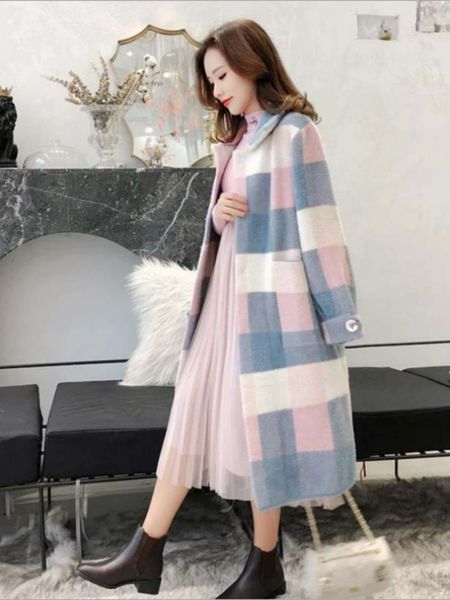 women's wool blends plaid coat winter women's korean version imitation mink coat medium long lapel woolen coat 230130, Black