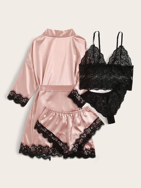 wdirara women' silk satin pajamas set 4pcs lingerie floral lace cami sleepwear with robe, Red;black
wdirara women' silk satin pajamas set 4pcs lingerie floral lace cami sleepwear with robe, Red;black