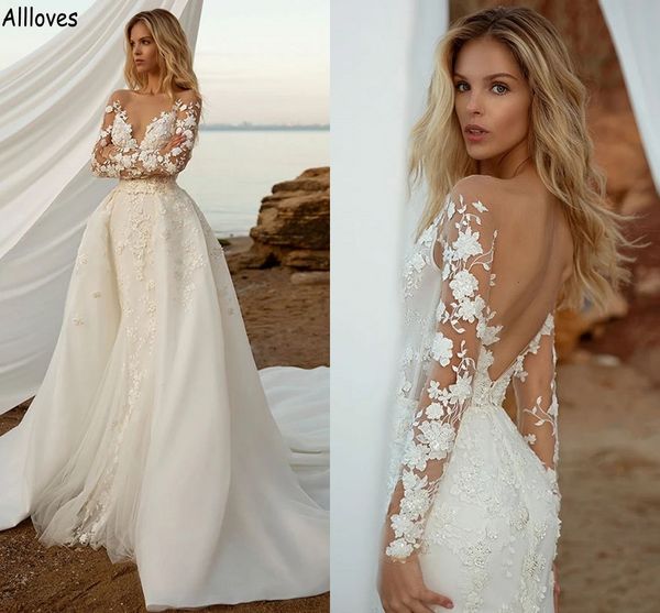 boho 3d floral appliqued lace mermaid wedding dresses with detachable skirt sheer neck backless beach country bridal gowns for women plus si, White
boho 3d floral appliqued lace mermaid wedding dresses with detachable skirt sheer neck backless beach country bridal gowns for women plus si, White
