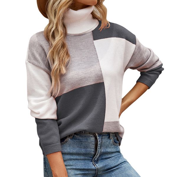 high collar pullover women's sweaters lady panelled geometric color block knitted blouse with turtle neck long sleeves rib stiches cuf, White;black
high collar pullover women's sweaters lady panelled geometric color block knitted blouse with turtle neck long sleeves rib stiches cuf, White;black