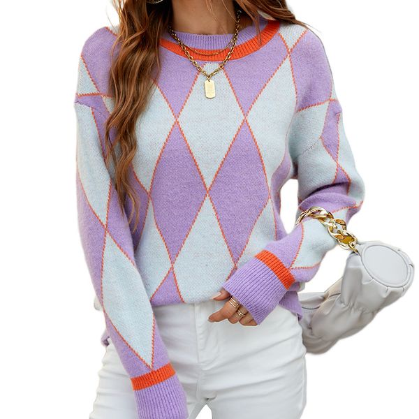 half semi collar pullover women's sweaters lady geometric diamond pattern color block knitted blouse with regular long sleeves rib sti, White;black
half semi collar pullover women's sweaters lady geometric diamond pattern color block knitted blouse with regular long sleeves rib sti, White;black