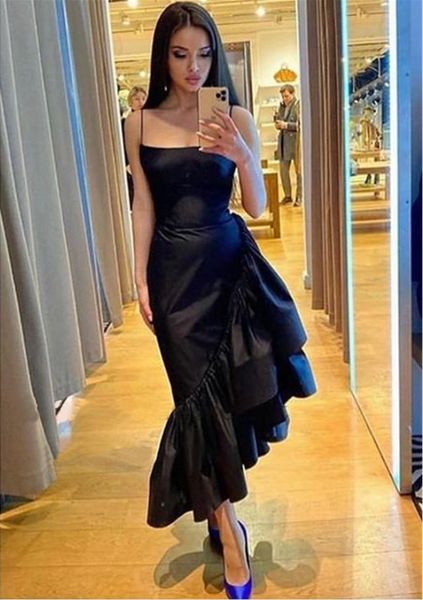 modern black mermaid evening dresses spaghetti straps taffeta ruffles asymmetric ankle length formal prom party gowns, Black;red
modern black mermaid evening dresses spaghetti straps taffeta ruffles asymmetric ankle length formal prom party gowns, Black;red
