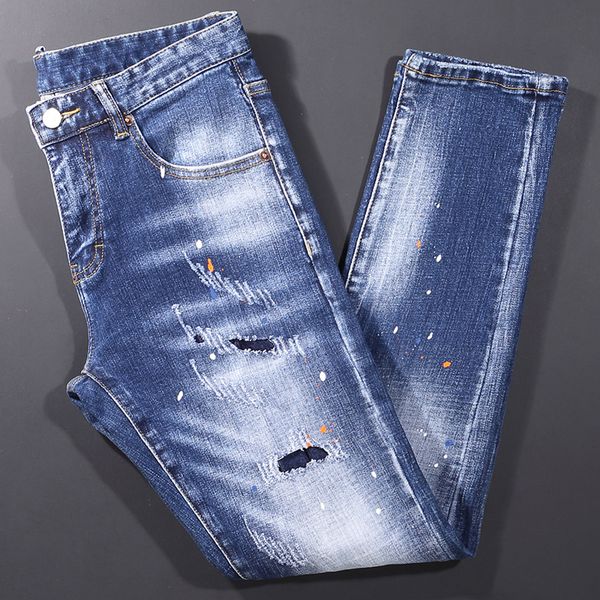 men's jeans fashion streetwear retro blue elastic slim fit ripped painted designer hip hop denim pencil pants hombre 230131
men's jeans fashion streetwear retro blue elastic slim fit ripped painted designer hip hop denim pencil pants hombre 230131