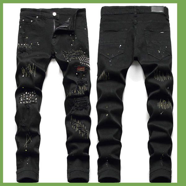 men's jeans man rivet studs stitching detail damage black distressed worn denim pants, Blue
men's jeans man rivet studs stitching detail damage black distressed worn denim pants, Blue