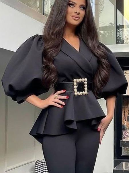 women's blouses shirts black short puff sleeve ruffles elegant women office daily party peplum outwear for ladies summer 230131, White
women's blouses shirts black short puff sleeve ruffles elegant women office daily party peplum outwear for ladies summer 230131, White